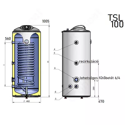 Kép 4/5 - ELDOM Green Line TSL 100 felső bekötésű indirekt használati meleg víz tartály - 1 hőcserélővel